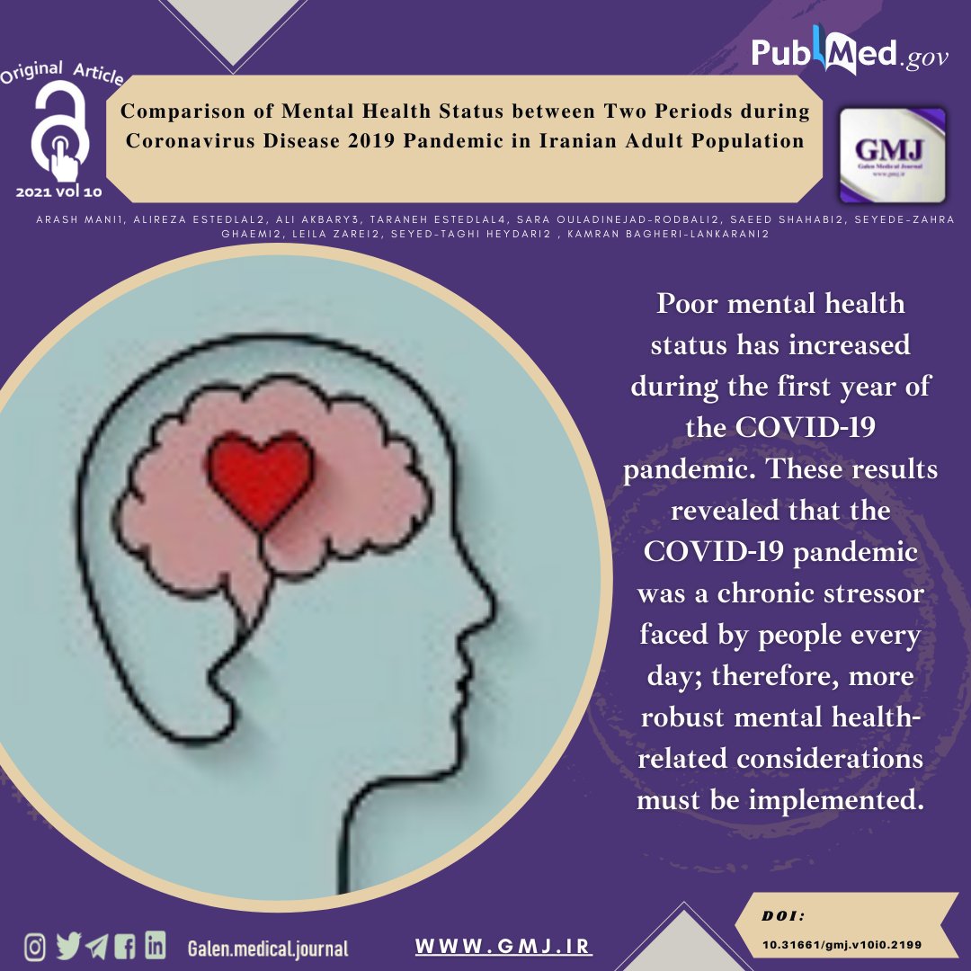 galenjournal's tweet photo. .
⭕Comparison of Mental Health Status between Two Periods during Coronavirus Disease 2019 Pandemic in Iranian Adult Population
.
⭕Read this article at:
https://t.co/Az4WXGFpR7
.
#Mental_Health #Coronavirus #Pandemics #Iran https://t.co/yH6uBhYTxd