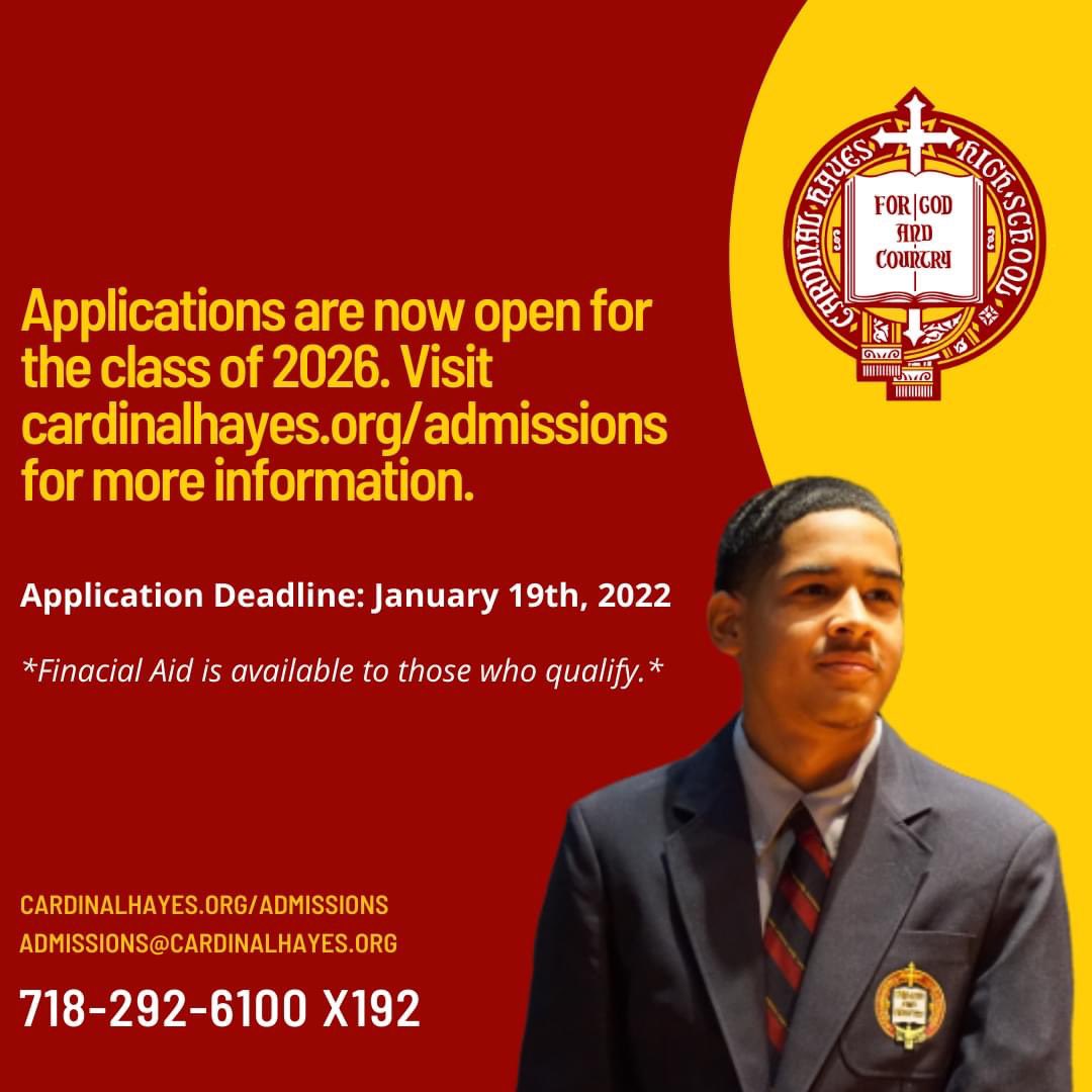 Applications are now open for prospective students interested in attending Cardinal Hayes High School next fall. Please fill out our application inquiry form for more information at cardinalhayes.schooladminonline.com/portal/new_inq… #UpHayes #Admissions #CardinalHayes