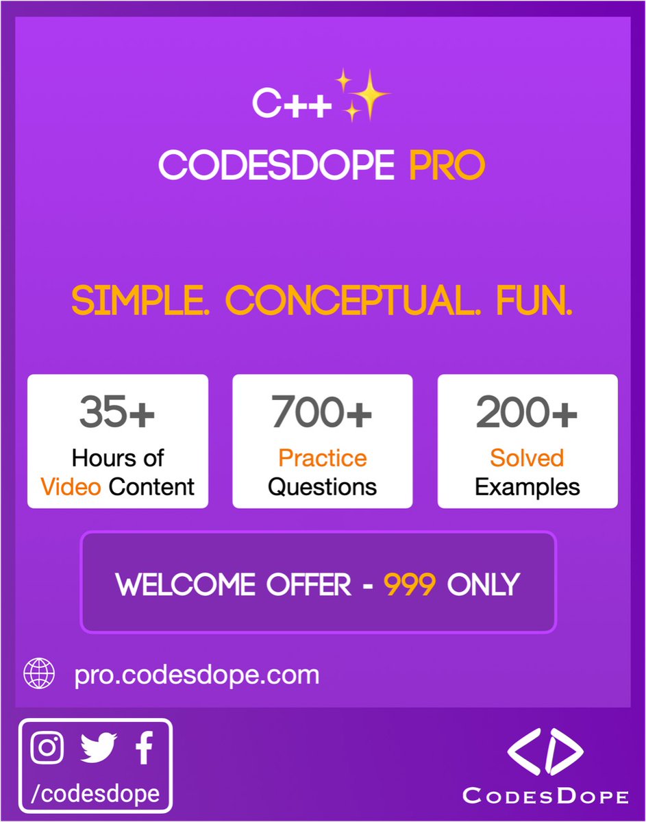 CodesDope's tweet image. Enrol in our C++ course having video tutorials with very easy explanations, 700+ topic-wise solved practice questions, doubt resolution forum and more for just 999 INR. 
pro.codesdope.com/courses/cpp
HURRY! Offer valid for limited period.
#cpp #programming #offer