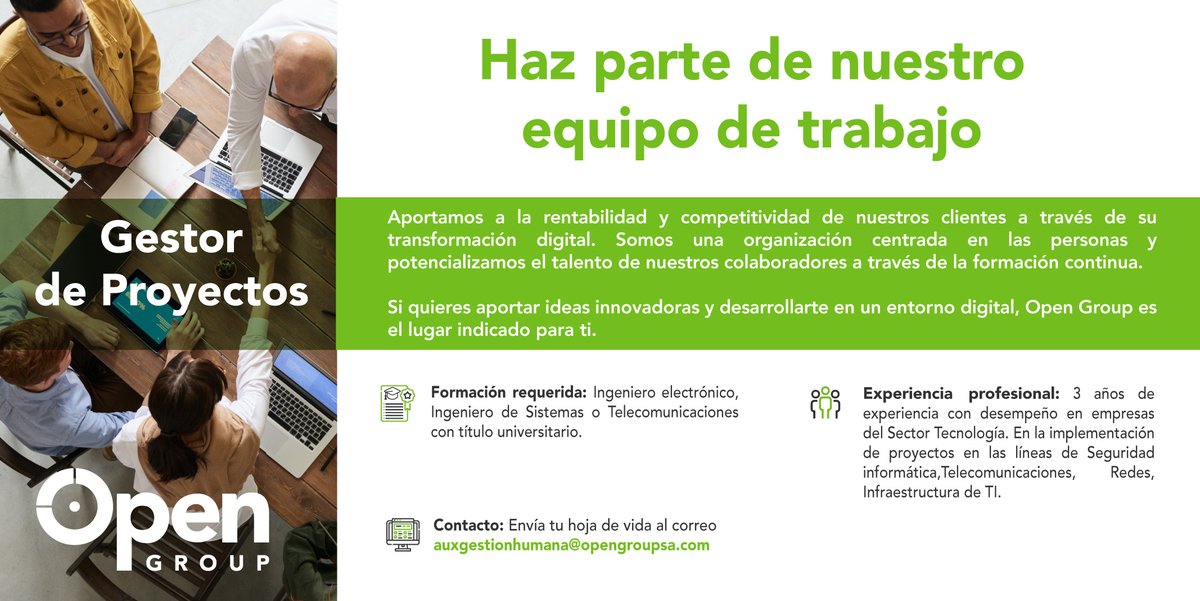 opengroupsa's tweet image. ¡Haz parte de nuestro equipo de trabajo! Estamos buscando un Gestor de Proyectos. 

📌Envía tu solicitud a nuestra oferta laboral aquí 👇💼 auxgestionhumana@opengroupsa.com 
 #trabajosihay #empleo #ofertadeempleo #tecnología