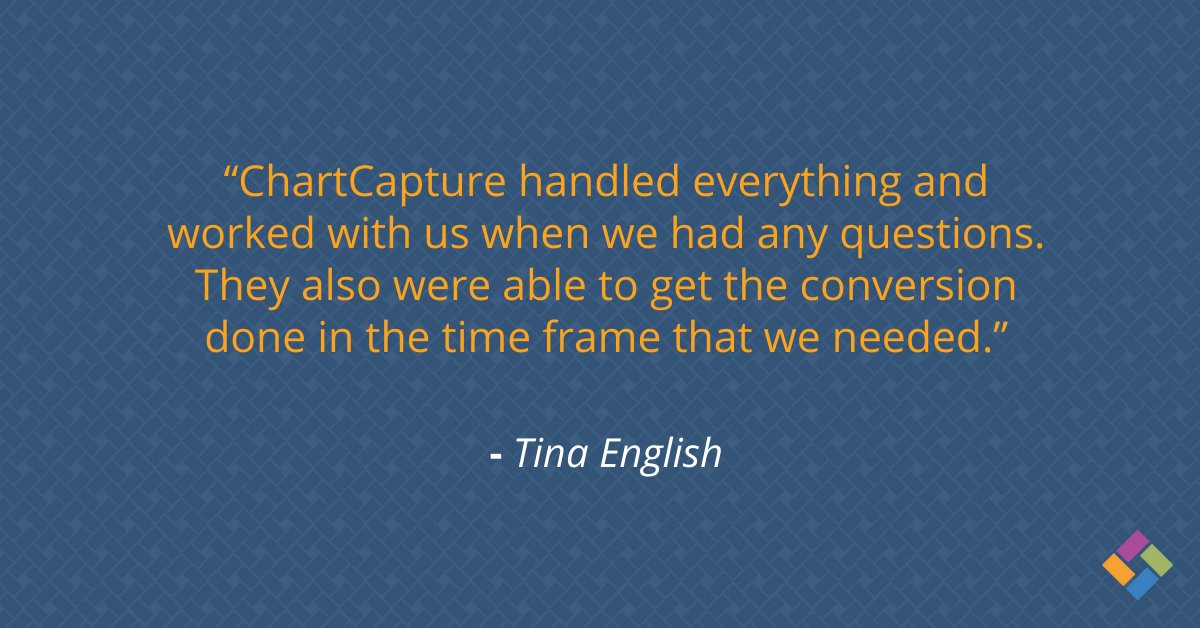 ChartCapture's tweet image. ChartCapture cares as much about helping our clients understand the EMR migration process as we care about fast data migration. We’re happy that Tina enjoyed our partnership. 

#datamigration #emrmigration #emrconversion #chartcapture