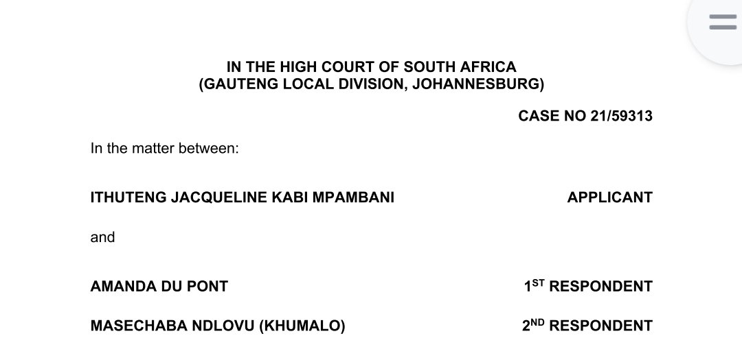 Eusebius's tweet photo. The matter between Mama Jackie &amp; Amanda du Pont and Masechaba Ndlovu has been set down for 10am tomorrow (Tuesday)- 7th on Judge Mia's urgent court roll.

Heavyweight Adv Tembeka Ngcukaitobi SC is leading Amanda and Masechaba's case (supported by Adv Zikalala and Adv Winks). https://t.co/ZU9Q3CHtlh