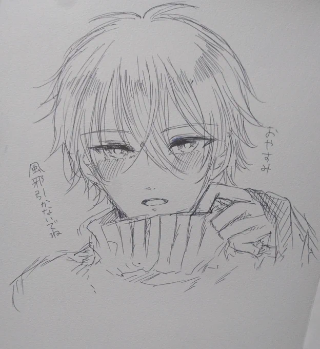 寝ようとしたらスケブが上から落ちてきたのでムシャクシャして描きました。おやすみなさい! 