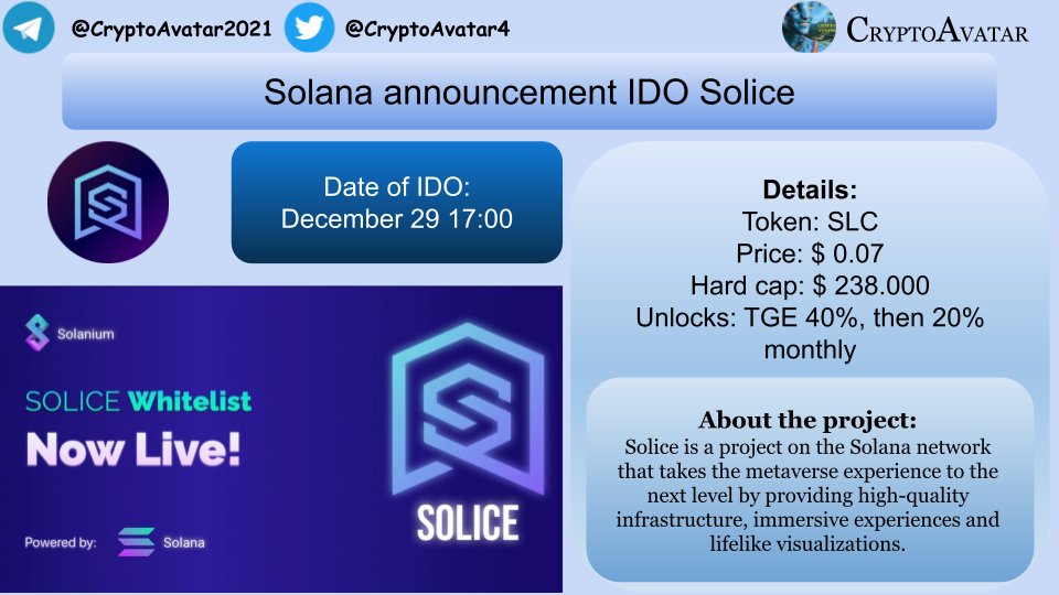 CryptoAvatar4's tweet photo. Solice IDO announcement⬇️
To participate, you need to register: https://t.co/ti7fwliQrb
and connect the Solana wallet, for example - Phantom
https://t.co/KAQjG1vnBu
More details about the project can be found here: https://t.co/j9NYjqWJH2
#soliceio #Solana #Solanium #IDO https://t.co/dsMJwxYDqW