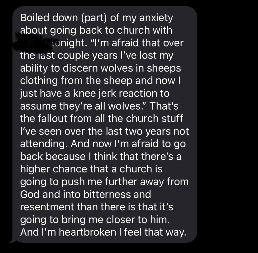 hoopersnook's tweet photo. Some of y’all keep telling people there is no reason to be not attending church. But. Refuse to hear reasons.

Meanwhile, kids/nextgen leaders are sending me messages like this &amp; I don’t know what to say much bc it’s also how I feel after almost 40yrs in ministry. So I listen. https://t.co/VJBBEr6CDM