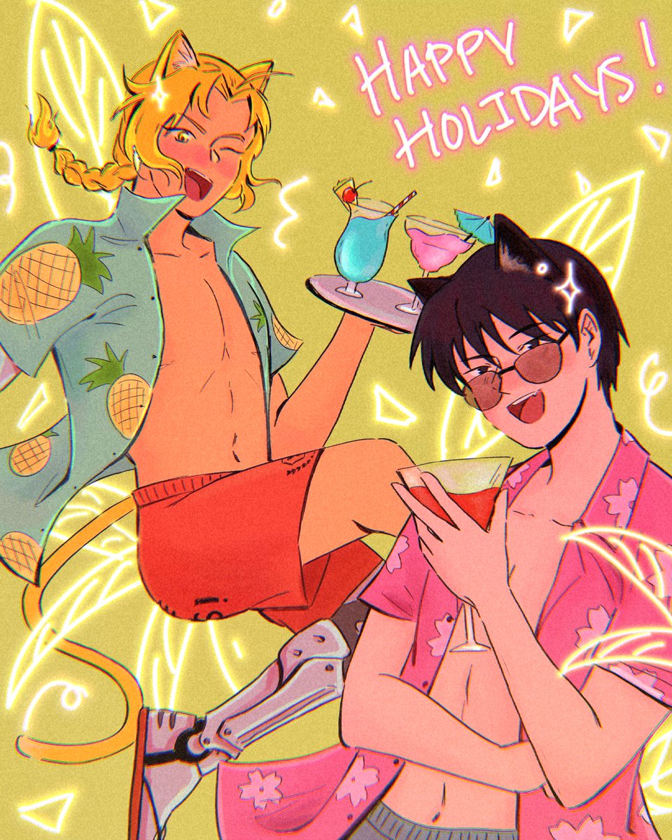 FmaGiftExchange's tweet photo. gift for @tinfigs! happy holidays (^▿^)~☆ 
✨🎄🎁🍹🍹💙❤ 
— @kiracin 

#FMAGiftExchange2021 #FMAGiftExchange2021Fanart #RoyEd https://t.co/R5JfeTNdOm