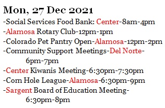 VoicesSLV's tweet photo. As the last week of 2021 spools out into 2022, keep up with all the events and meetings in the San Luis Valley by joining the SLVoices Facebook Group: https://t.co/W7nFPDmWe0. Here's what's happening MONDAY, 27 December: https://t.co/Mhct9tqsYN