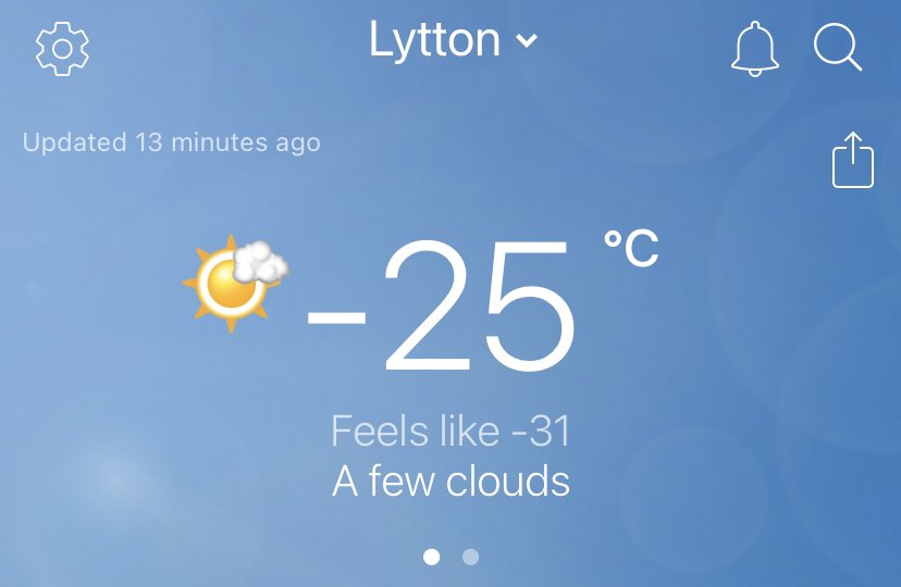 bobmackin's tweet photo. This hour in Lytton, B.C., made famous by the #heatdome. The #icedome means a swing of almost 75C from that record day almost six months ago. #bcpoli #bcstorm #cascadia https://t.co/eOYDefmprb