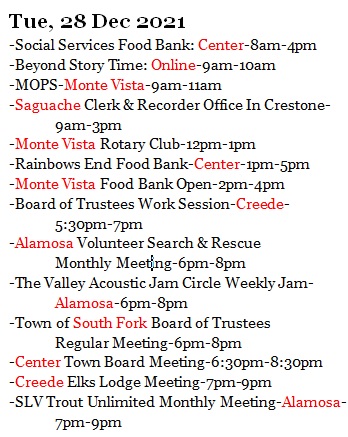 VoicesSLV's tweet photo. As the last week of 2021 spools out into 2022, keep up with all the events and meetings in the San Luis Valley by joining the SLVoices Facebook Group: https://t.co/W7nFPDmWe0. Here's what's happening TUESDAY, 28 December: https://t.co/sMDfsaErdX