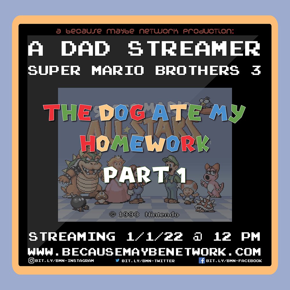 _BecauseMaybe's tweet photo. The Dog Ate My Homework for Mario 3. So we may as well start from scratch, and try again, This Saturday!
https://t.co/YvrYCaINxf
#gaming #90sgame #retrogaming #retrogamer #dadgamer #mario #mario3 #nes #snes #Pwing https://t.co/iBuVknrvj7