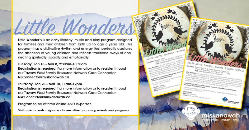 Miskanawah's tweet photo. Little Wonder
Join us for an early literacy, music & play program designed for families & their children!
Tuesday, Jan 18 - Mar 8, 9:30-10:30am
NEConnector@miskanawah.ca
Thursday, Jan 20 - Mar 10, 11am-12pm
NWConnector@miskanawah.ca
#miskanawah #childrenprograms #music #yycevents https://t.co/RB3G3eaRai