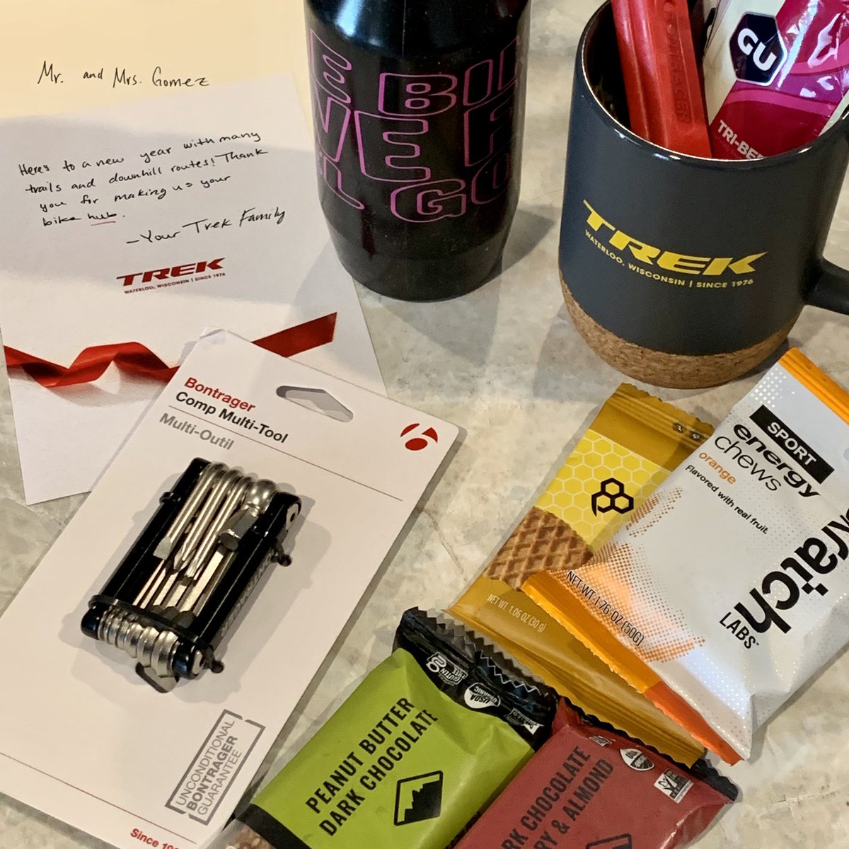 TeamGomez3gun's tweet photo. Thank you @trekbikes for the wonderful Christmas package. We really appreciate it!!🙏🏼🤙🏼
We love being apart of the Trek family and the bikes are awesome, Lol. 
#teamgomez #trek #trekbikes #slash #fuelex #mtb #enduro #trail @ridebontrager #christmas #gift #surprise https://t.co/5YR3JrSoYU