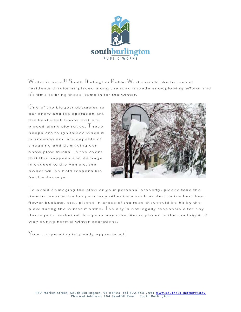 SBPubWorks's tweet image. Hello. Please see attached a friendly reminder now that winter has officially settled in for the season.

@SBCityVT 
@SBPolice1
