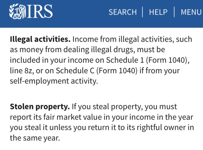 Tax szn is around the corner. Remember to report your income from illegal activities and stolen property to the IRS