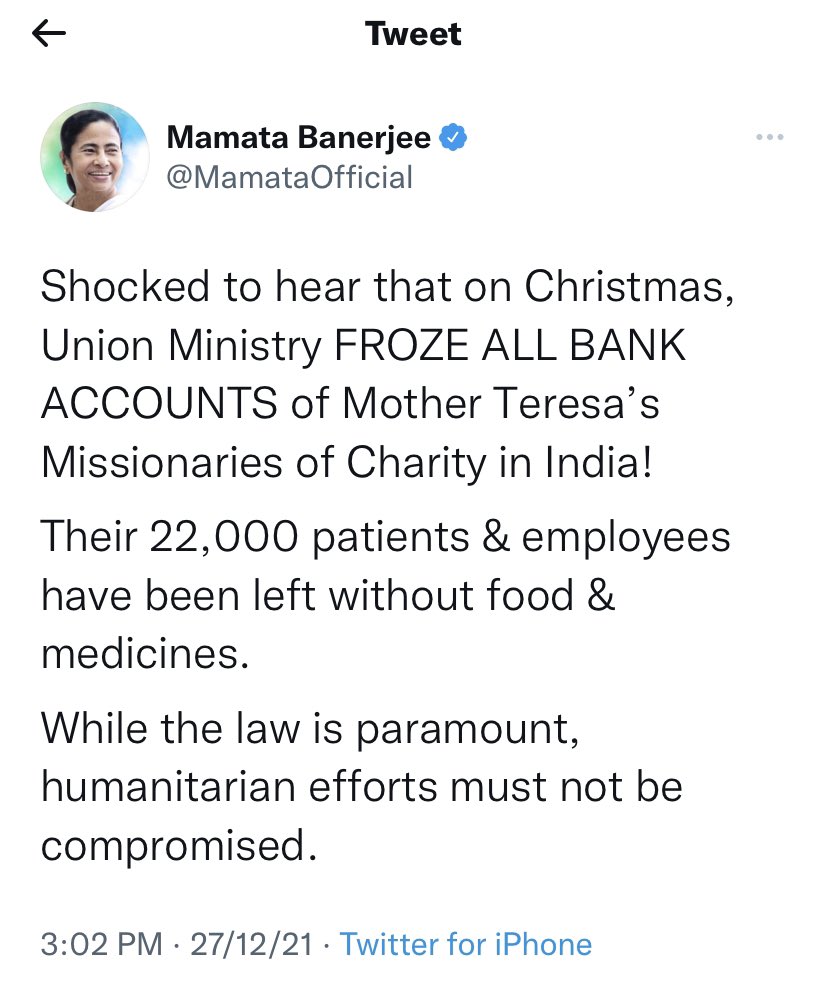 paulagnimitra1's tweet photo. Don’t you do homework HON CM MAM?

Why did you jump into “Missionary of Charity” (MOS)again? 
Is it for GOA vote?
Going to GOA &amp; doing divisive politics!!

Don’t you know that MOC had approached SBI to freeze their accounts and it’s not MHA who did it!!! https://t.co/2VPxzG6fE7
