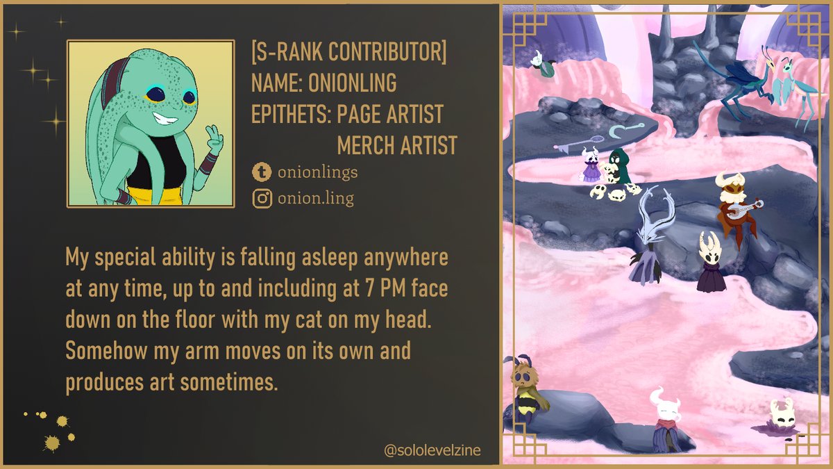 SoloLevelZine's tweet photo. 👻CONTRIBUTOR SPOTLIGHT👻

NAME: ONIONLING
CLASS: ARTIST
EPITHETS: PAGE &amp; MERCH ARTIST

Special abilities: Falling asleep anywhere at any time, arm moving on its own to produce art

✨Tumblr: onionlings
✨Instagram: onion.ling https://t.co/mSuhaatmkE
