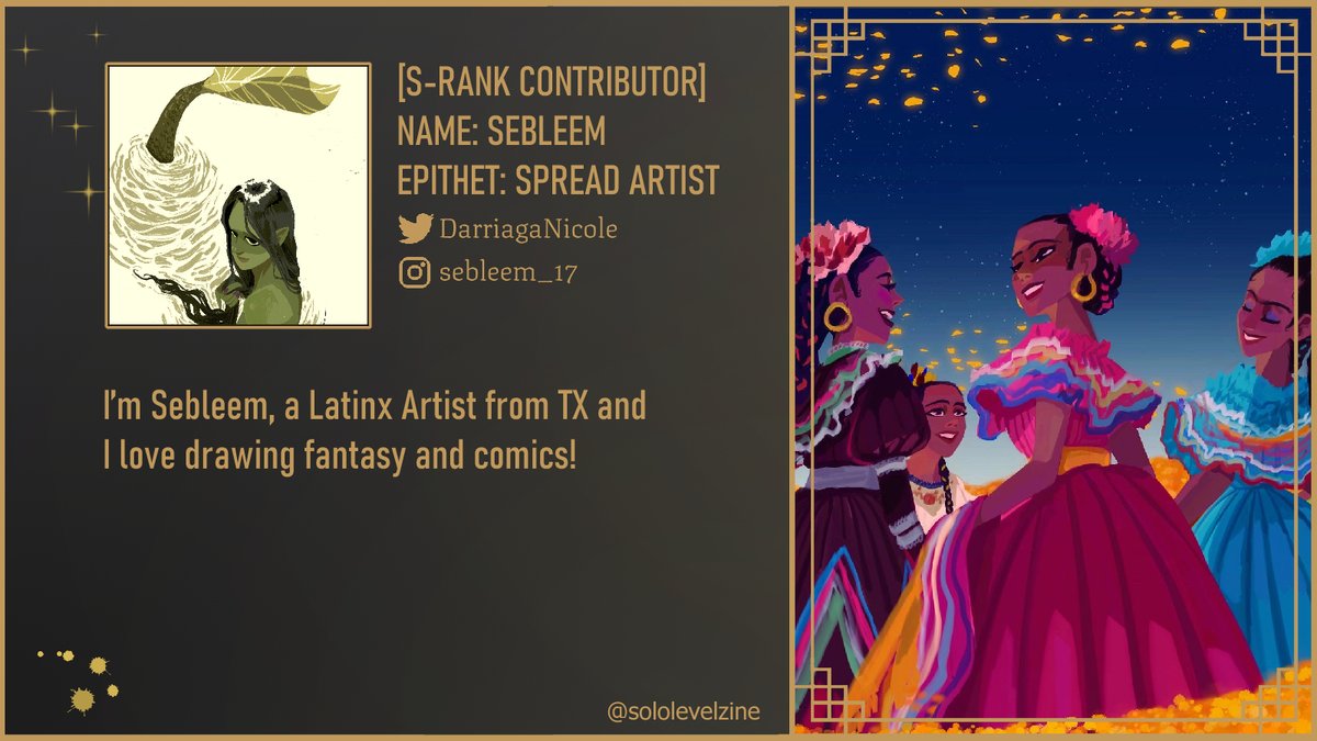 SoloLevelZine's tweet photo. 👻CONTRIBUTOR SPOTLIGHT👻

NAME: SEBLEEM
CLASS: ARTIST
EPITHET: SPREAD ARTIST

Loves: Drawing fantasy and comics

✨Twitter: @DarriagaNicole
✨Instagram: sebleem_17 https://t.co/sP9G7JVusy