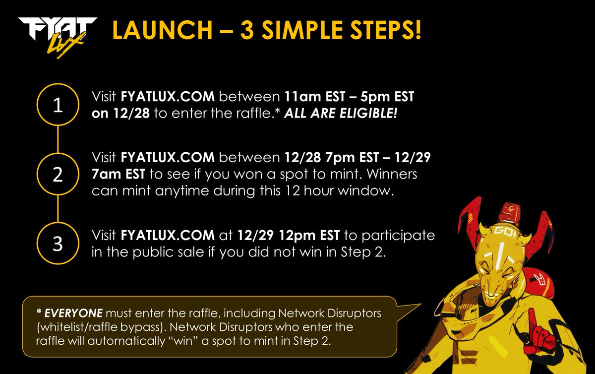 Release Countdown: 1⃣ Day.

Sparks, be sure to follow these 3 simple steps for our upcoming raffle and mint⚡️

The raffle begins December 28th at 11am EST.

Official Links:
Website: fyatlux.com
Discord: discord.gg/fyatlux

**TURN TWEET NOTIFICATIONS ON**