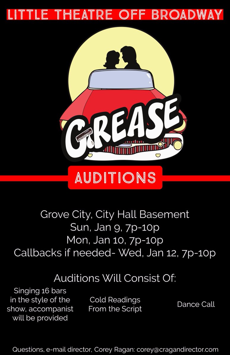 LTOB's tweet photo. LTOB announces AUDITIONS for "Grease"

Sun. &amp; Mon. Jan. 9 &amp; 10, 2022
7-10PM
GROVE CITY, CITY HALL BASEMENT
4035 Broadway, Grove City, OH 43123

Call backs, if needed, Wed. Jan. 12, 7-10PM

Questions? Email director
Corey Ragan: corey@cragandirector.com https://t.co/tbRuPnWWkV