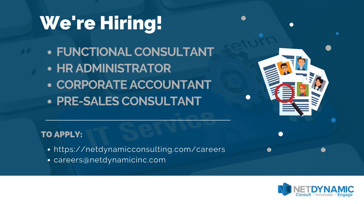 Net_Dynamic's tweet photo. NetDynamic Consulting is #nowhiring! Looking for a new job opportunity? Go to our website for these and other current job openings and descriptions: https://t.co/rvySzNuMU5

Apply online or send your resume to careers@netdynamicinc.com. 

#netdynamicconsulting #jobs #NetSuitejobs https://t.co/JnqdUvVj0q