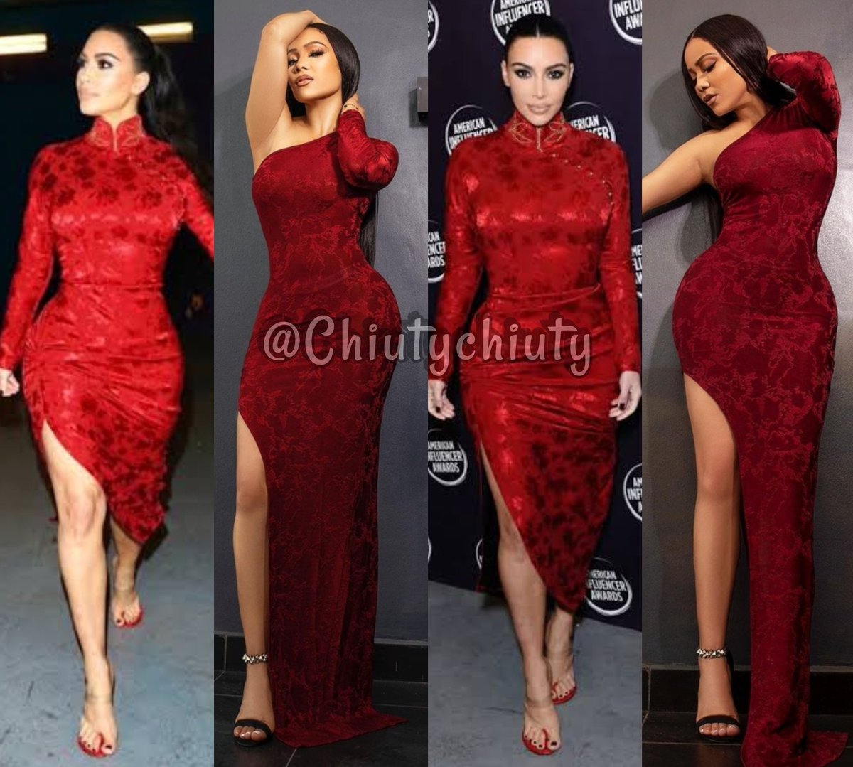 Chiewty's tweet photo. Maria x Kim K in red dress with subtle patterns. https://t.co/40aYPk3gh5