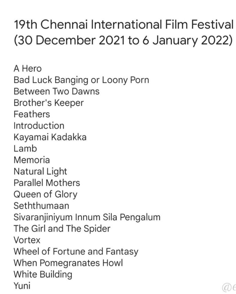 RoadsideAmbanis's tweet photo. 19th Chennai International Film Festival starts this week. Here's my list of must watch films:
#ICAF #CIFF #CIFF19 #CIFF2021
#ChennaiInternationalFilmFestival
#IndoCineAppreciationFoundation https://t.co/91tVFFaTHZ