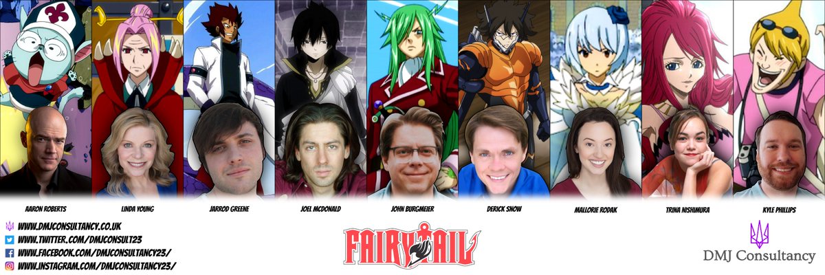 DMJConsult23's tweet photo. If you're a #FairyTail fan or event organiser and would like to have the cast at your local event, get in touch here:
https://t.co/C9Tdtomd3A

#AaronRoberts #LindaYoung #JarrodGreene #JoelMcDonald #JohnBurgmeier #DerickSnow #MallorieRodak #TrinaNishimura #KylePhillips https://t.co/91r6ROscgP