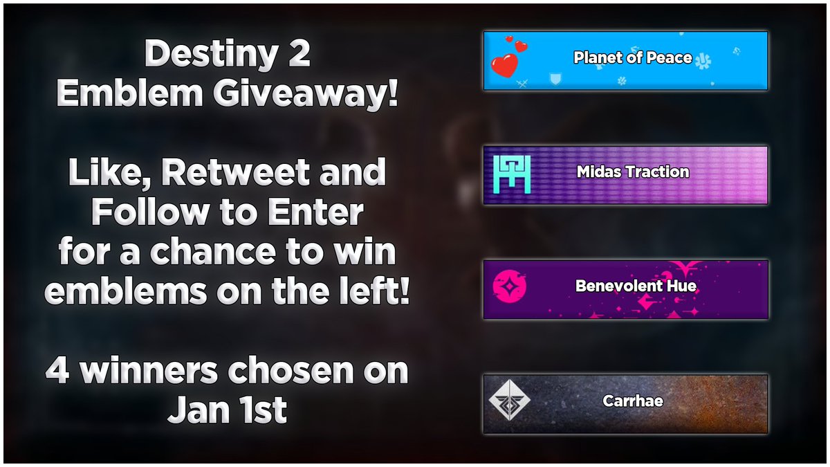 IRLMaddox's tweet image. To celebrate the holidays and the end of the year, I have one final giveaway for guys!

4 Destiny 2 Emblems!

How to Enter:
-Like
-Follow
-Retweet 

4 Winners chosen on January 1st! Good Luck Guardians!