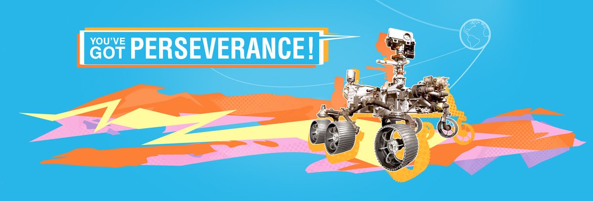 Cartoon of the Perseverance rover with a speech bubble that says "You've Got Perseverance!"