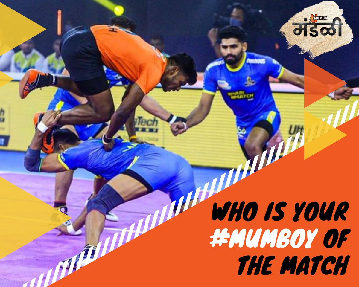UMumba_Mandali's tweet photo. It was such a close match but the on
mat performance by our #Mumboys should not go
unnoticed t
So, Mandali who is your #Mumboy of the match?
Show some love and support
| #MeMumba | #WeAreMumbai |
#vivoProKabaddi I #oneteamonezid | https://t.co/7LbgWAG1Te