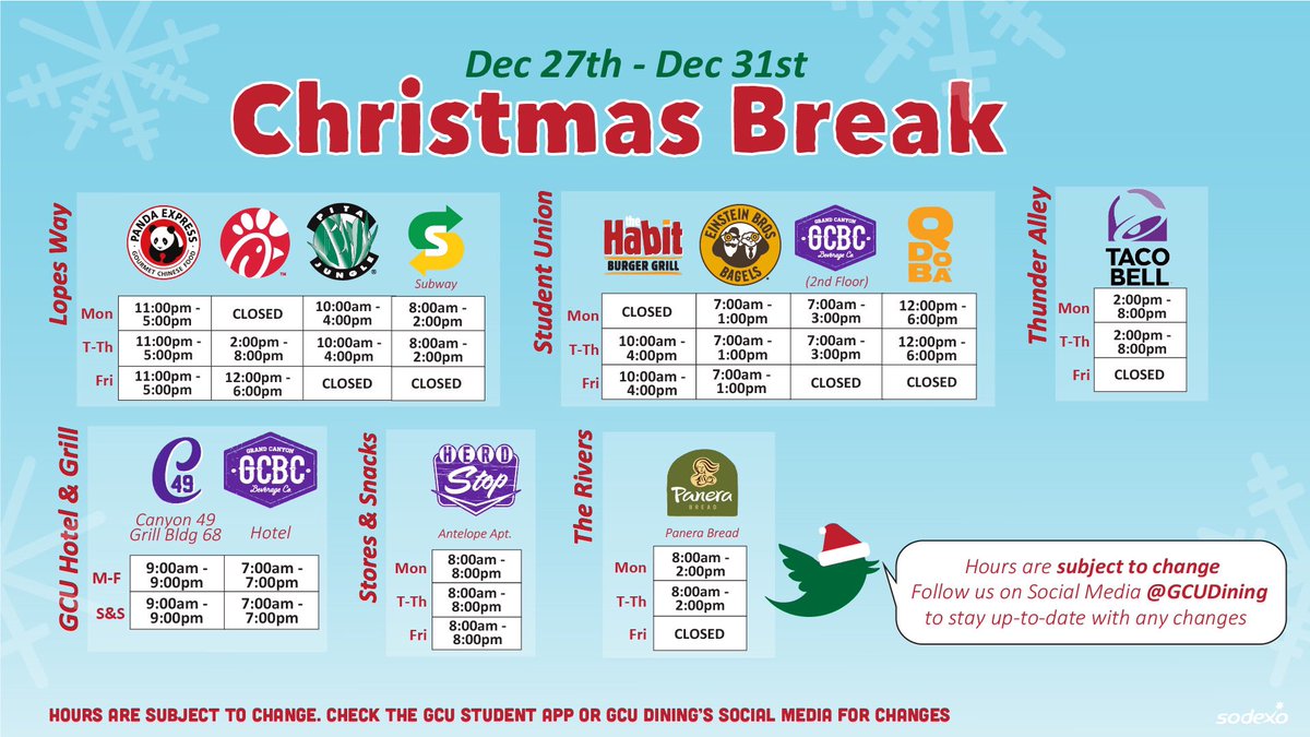 Here’s the hours for this week, Lopes! 

We hope you’re having a relaxing break! #LopesUp