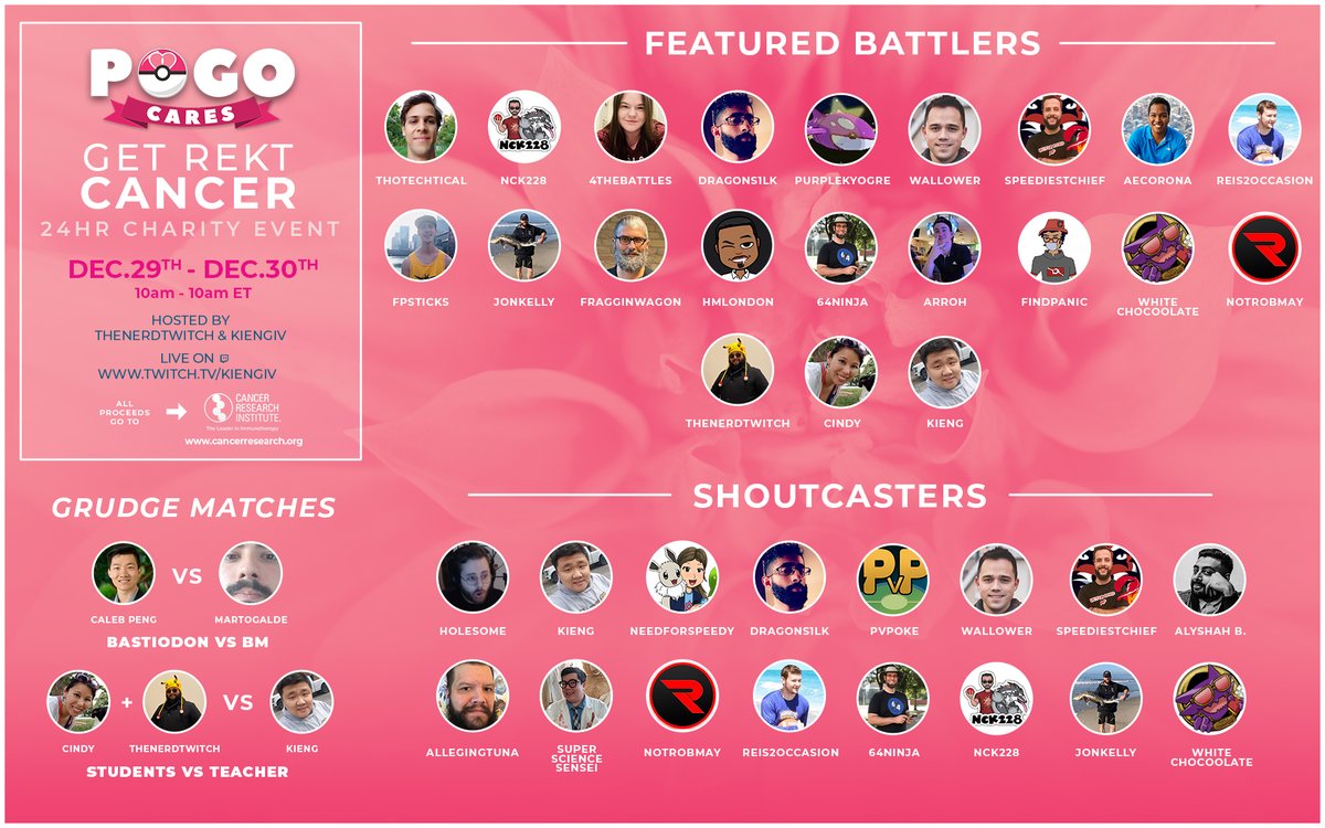 Join us on 12/29 @ 10am EST for PoGo Care's 24 Hour Charity Stream to raise money for <a href="/CancerResearch/">Cancer Research Institute</a>

Donate w/ Bits, Subs, Gifted Subs &amp; Channel Points
You can donate directly to the charity &amp; view goals on bit.ly/3euJPr2
Watch @ twitch.tv/kiengiv

#GetRektCancer