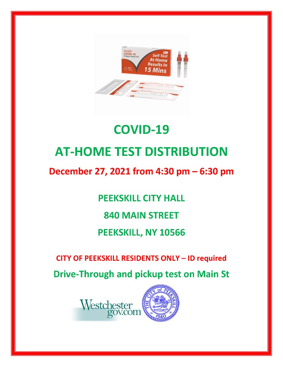 CityOfPeekskill's tweet photo. A COVID-19 at-home test distribution will be held today from 4:30 pm - 6:30 pm at City Hall. As a reminder, this distribution is for Peekskill residents only and ID must be presented in order to receive a testing kit. https://t.co/zGAKnRD3Pv