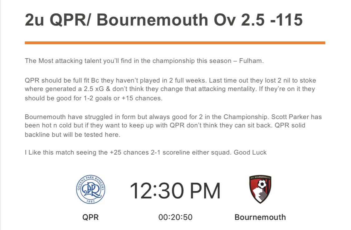 MrFootyBets_'s tweet photo. 12/27 ⚽️🏴󠁧󠁢󠁥󠁮󠁧󠁿 

#Championship 
2u QPR/ Bournemouth Ov 2.5 -115

Good Luck &amp; Like If Tailing 🍀 https://t.co/NCZdrRxBRs