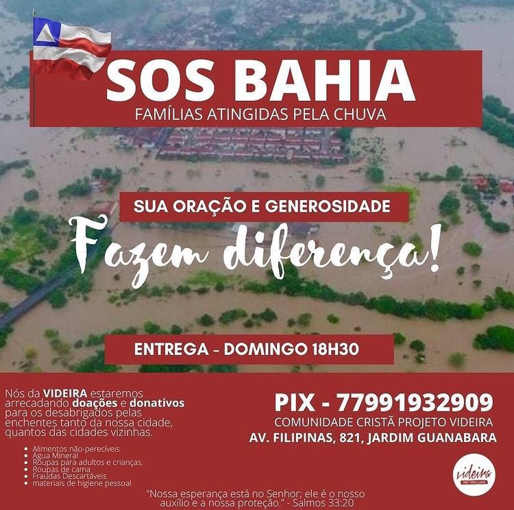 A Bahia precisa MUITO da nossa ajuda. É hora de unir forças! Vamos ajudar as cidades da Bahia que necessitam urgentemente de ajuda e de nossas orações. Muitas pessoas estão desabrigadas, ilhadas e feridas. Quem puder, ajude de alguma forma. Qualquer ajuda é válida. 🙏🏻 #SOSBahia
