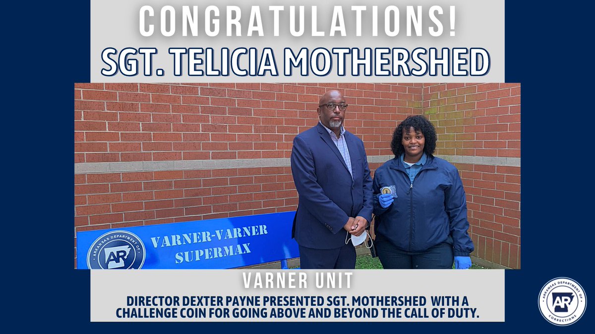 ADCPIO's tweet photo. The #ARDOCFamily would like to congratulate the Varner Unit’s Sgt. Telicia Mothershed. For going above and beyond the call of duty, Sgt. Mothershed was presented with a challenge coin by Director Dexter Payne.
#VarnerUnit #Congrats #ChallengeCoin https://t.co/O0ZX9hIjmm