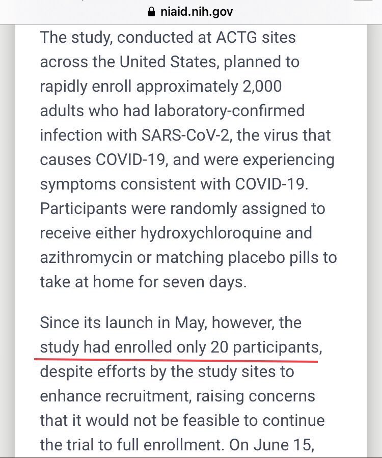 12/ Fauci’s agency pulled an early-use study of HCQ in June 2020 because it could not find more than 20 people for the study.(Read the screen grabs.)How do you not find more that 20 people? How do you not study this while claiming on TV that it has little use?Trust.