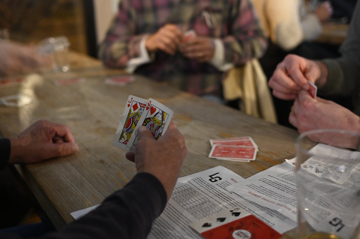 LandGrantBeer's tweet photo. ♠️♥️♣️♦️ Monday night Euchre League is back for a winter session, starting Jan. 3! Register your team today &amp; get all of the league details (like free @YBPizza for participants) at https://t.co/Ckdb6S32yM. 

Also - a big congratulations to our Dec. league champs: The BerDursos! https://t.co/1sqjlKdoBe