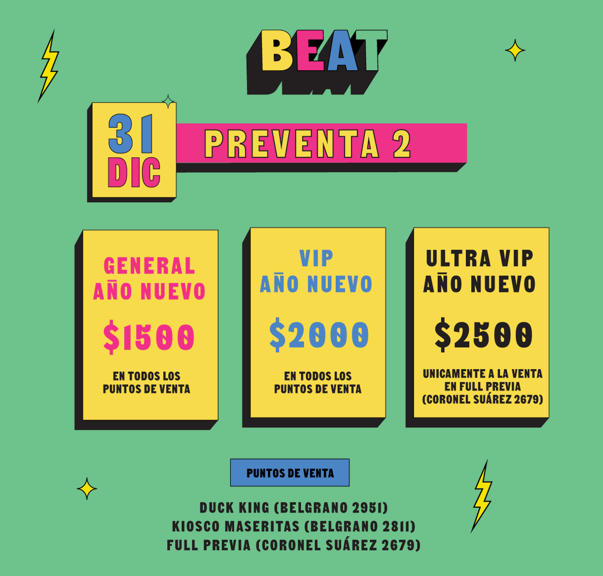 beat2431's tweet photo. Y no te imaginás lo que se viene en Año Nuevo en la BEAT! 🙌

PREVENTA 2 disponible hasta agotar stock! ⬅

· GENERAL $ 1500
· VIP $ 2000
· ULTRA VIP $ 2500

31 de Diciembre, Club Estudiantes, #Olavarria https://t.co/QKL3CLrGeq