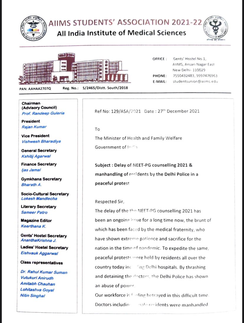 AIIMS_SA's tweet image. AIIMS Students’ Association demands to expedite NEET-PG 2021 Counselling and condemns the brutality by Delhi Police against residents at a peaceful protest. #neetpg2021counselling
@PMOIndia 
@MoHFW_INDIA 
@mansukhmandviya 
@FordaIndia @AIIMSRDA 
@DelhiPolice 
@ani_digital