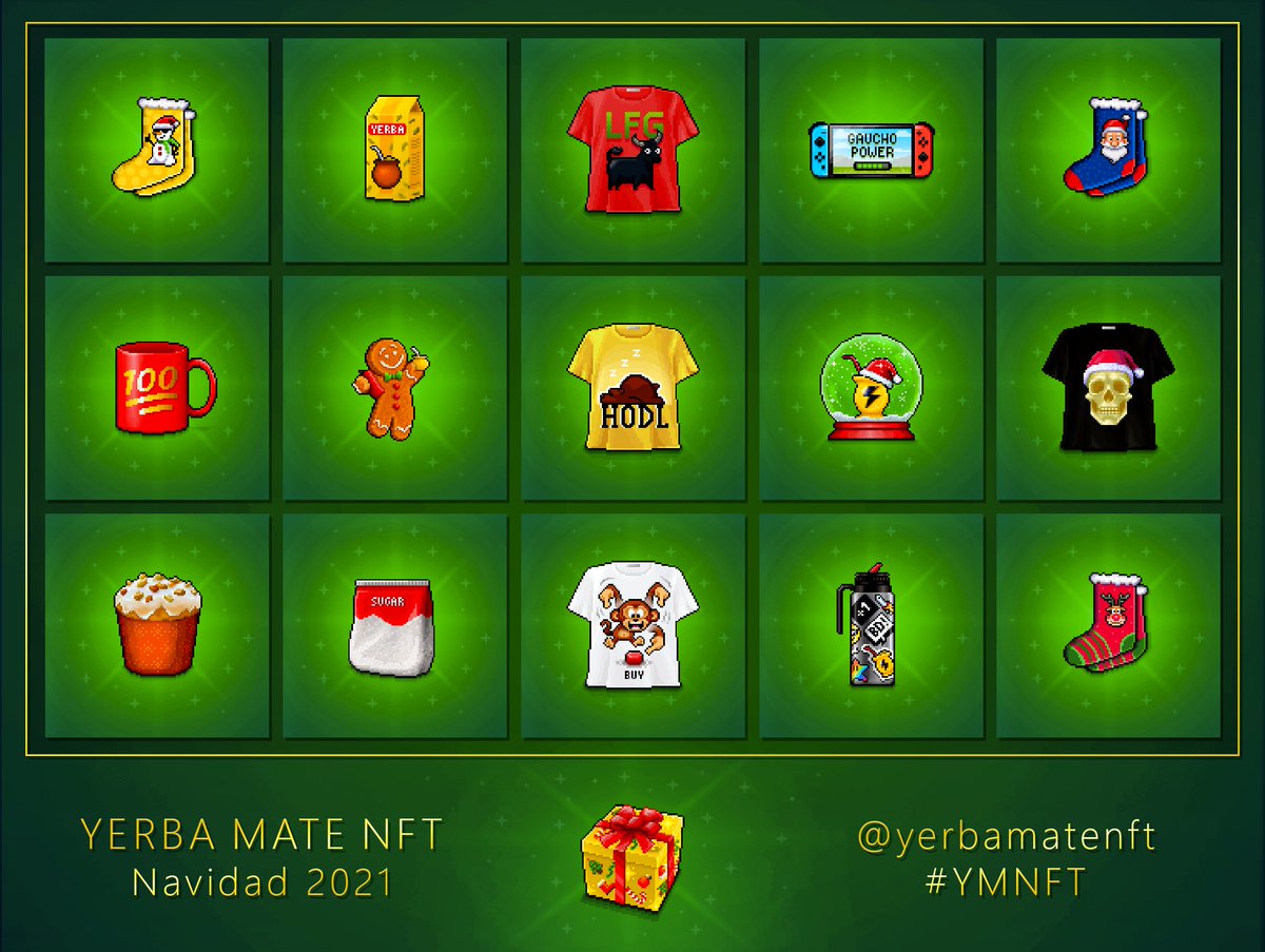 En navidad 🎄 cada holder de un 🧉 recibió un NFT en forma de caja de regalo.

Y el 24 a la noche ese regalo se "abrió", y salió uno de los NFTs que vemos abajo.

Quedamos muy contentos al ver las reacciones de todos 😊 y esperamos seguir sorprendiéndolos en las próximas semanas!