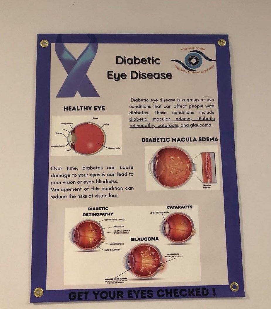 TTOSA_'s tweet photo. In light of Diabetes Awareness Month, the executives of TTOSA created posters and displayed them at the UWI Optometry Clinic to spread awareness. 

We continue to encourage the public to maintain a healthy lifestyle, be conscious of foods ingested &amp; get regular eye examinations. https://t.co/gfc0wlUfC9