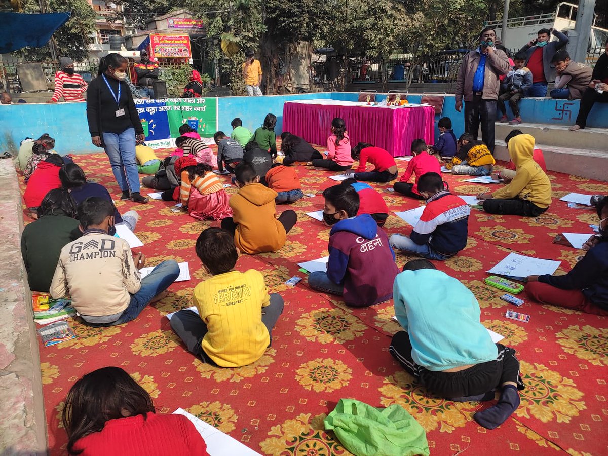 EDMC IEC Team organised a Drawing Competition On the topic of Swachh Sarvekshan- 2022, Waste Segregation, and Cleanliness at Rajeev Camp, Jhilmil, Ward No. 30 E