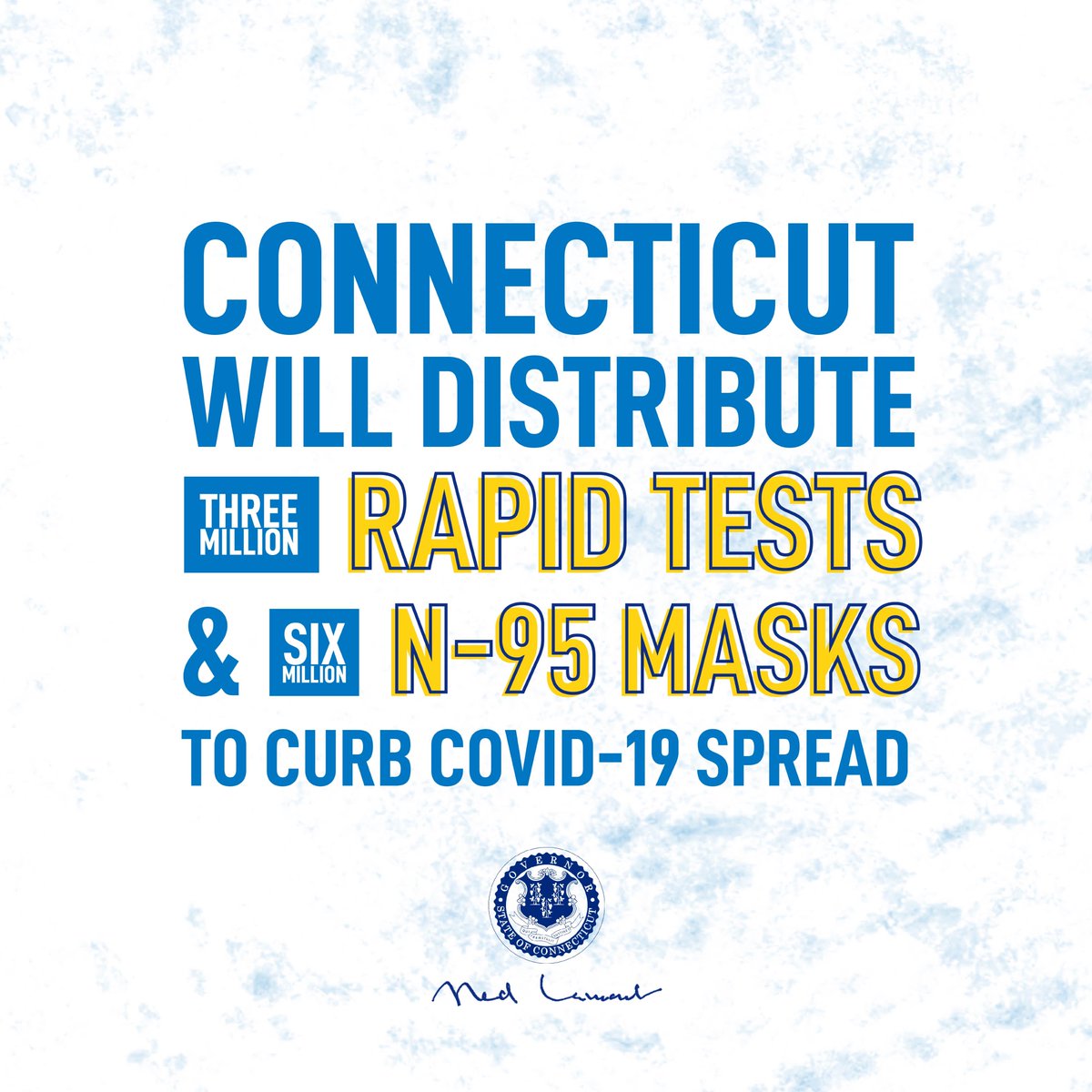 GovNedLamont's tweet photo. New Year's Resolution #1: Curb the spread of Covid cases in CT.
That starts with increased at-home testing so folks can identify if they're sick and isolate as well as wearing masks indoors whenever possible. We'll begin distributing both effective tools for free this Thursday. https://t.co/a92Igo60vd