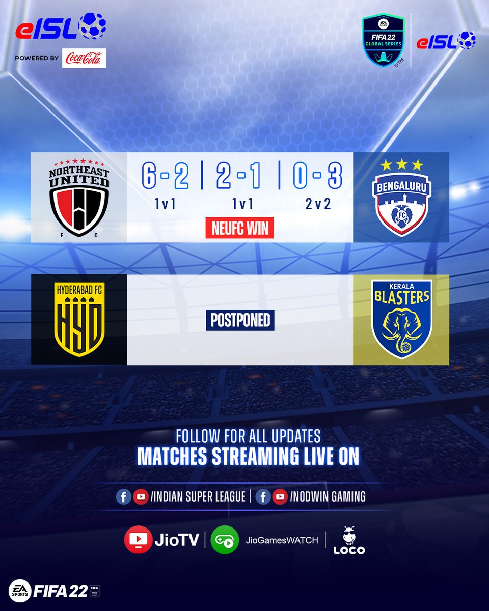 IndSuperLeague's tweet photo. .@NEUtdFC edged out @bengalurufc in the first encounter of the day. However, the match between @HydFCOfficial and @KeralaBlasters was postponed, to be played at a later date!  That was today's #eISL action 🎮

#FIFA22 @EASPORTSFIFA https://t.co/dm3UvAMp0L