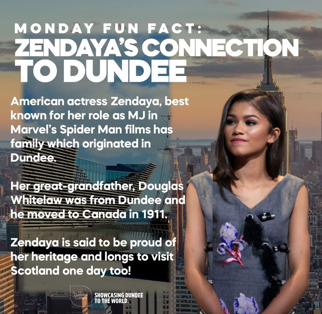 DundeeCulture's tweet photo. ๐ฎ๐ฎ๐ฎ If you've watched #NoWayHome and all the other Spider-Man films, you might recognise this familiar face! Did you know that American actress Zendaya has roots here in #Dundee? #MondayFunFact #DidYouKnow https://t.co/hDY9SczMgf