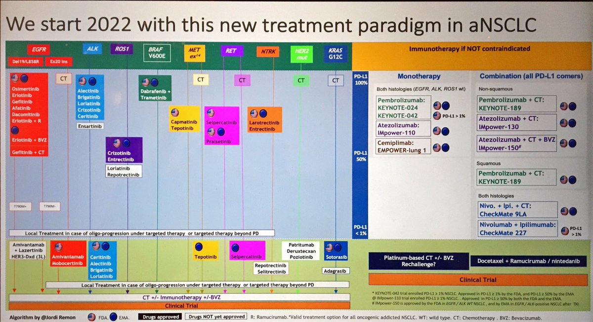 Luckily 2021 = Relevant year 💥 for new treatment approvals in aNSCLC🫁 (some approved in early stage). For 2022 📕✏️: not need more “me too” drugs⛔️; need new agents at the time of PD based on resist mechanisms (not easy!!) &amp; less inequities (fig. not perfect!) <a href="/OncoAlert/">OncoAlert</a> #LUNG