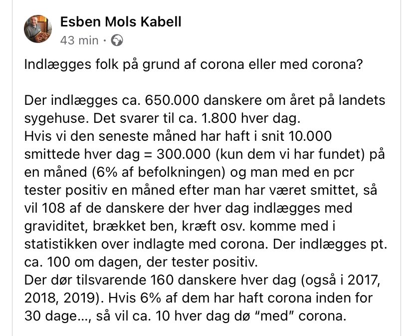 Rent statistisk vil 108 af de daglige indlæggelser af alle mulige årsager lige nu være positive når man tester dem. Cirka 10 daglige dødsfald ville statistisk også være positive i dødsøjeblikket. 

Vi kender fortsat ikke af/med data for DK. Det er policy-errors waiting to happen.