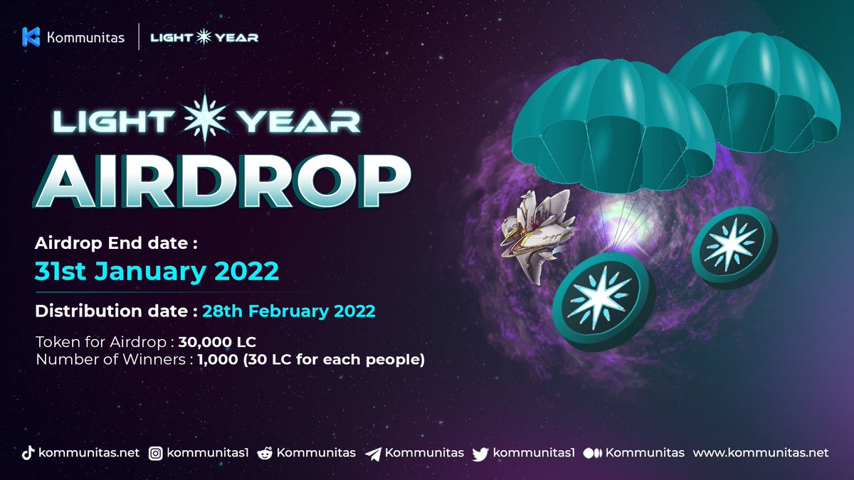 Hi, $KOMmunity!

💫 We have organized an #Airdrop giveaway for the <a href="/lightyear_game/">LightYear.Game</a> Public Sale!

🤩 We want to share 30,000 LC with 1,000 people!

✨Join here giv.gg/adly