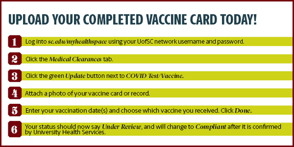 UofSC_SHS's tweet photo. Just in case you need a refresher, here are the instructions for uploading a vaccination series or COVID-19 test result to your MyHealthSpace portal!

https://t.co/TZ3tBjd8ct https://t.co/F2YFQpw1zg